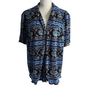 R&K Blouse 18WP Floral Accordion Pleat Crinkle Open Collared Short Sleeve Stripe